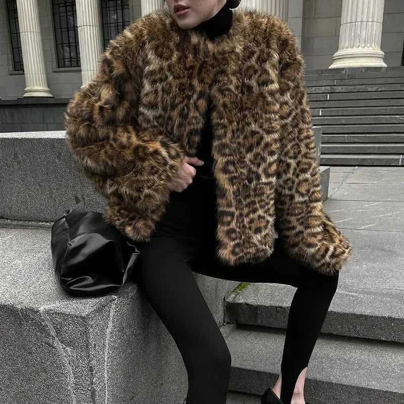 Aiertu  -  Elegant Faux Fur Solid Women Coat O Neck Loose Full Sleeve Female Jacket 2024 Fashion Autumn Winter Warm Thicken Lady Outwear Aiertu