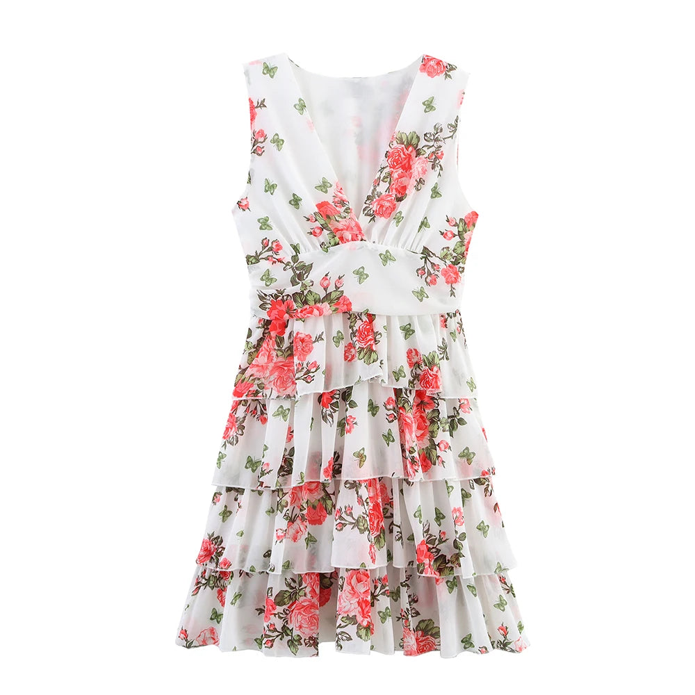 Aiertu  -  Pink White Deep Blue Three Color V Neck Sleeveless Floral Print Stacked Skirt Edge Design Women Short Dress ZATT 2025 Summer New Aiertu