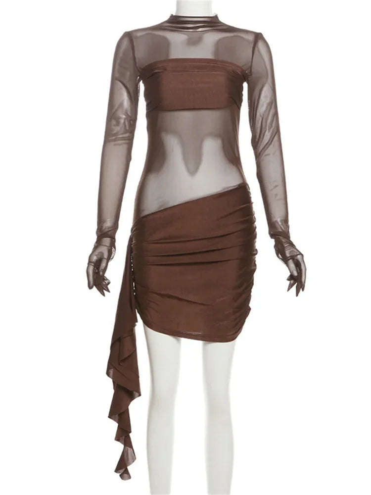Aiertu  -  Mesh Hollow Out Sexy Mini Dress For Women See-Through High Waist Pleated Slim Bandage Gown Dress Female Y2k Mini Dress New Aiertu