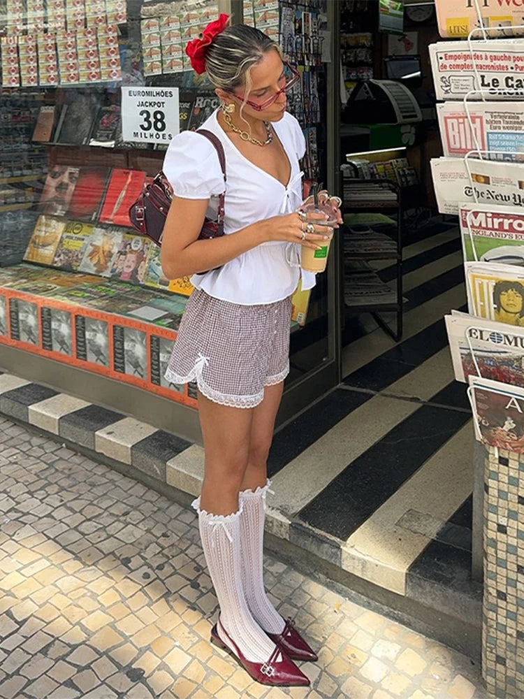 Aiertu  -  Elegant White V-neck Lace Up Shirt Women Retro Puffy Short Sleeve Waist-cinching Shirts Female 2025 Spring Chic Street Lady Tops Aiertu