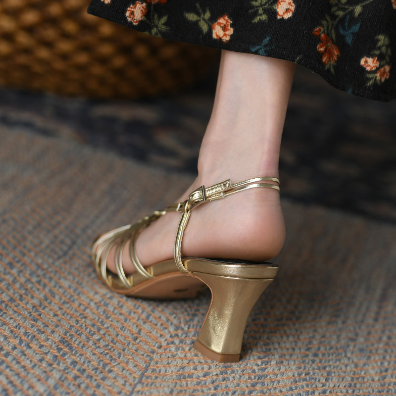 Aiertu  Buckle Strap Vintage Summer Gold Shoes For Women French Style Sandals Microfiber Ladies Shoes Female Retro Sandals Aiertu