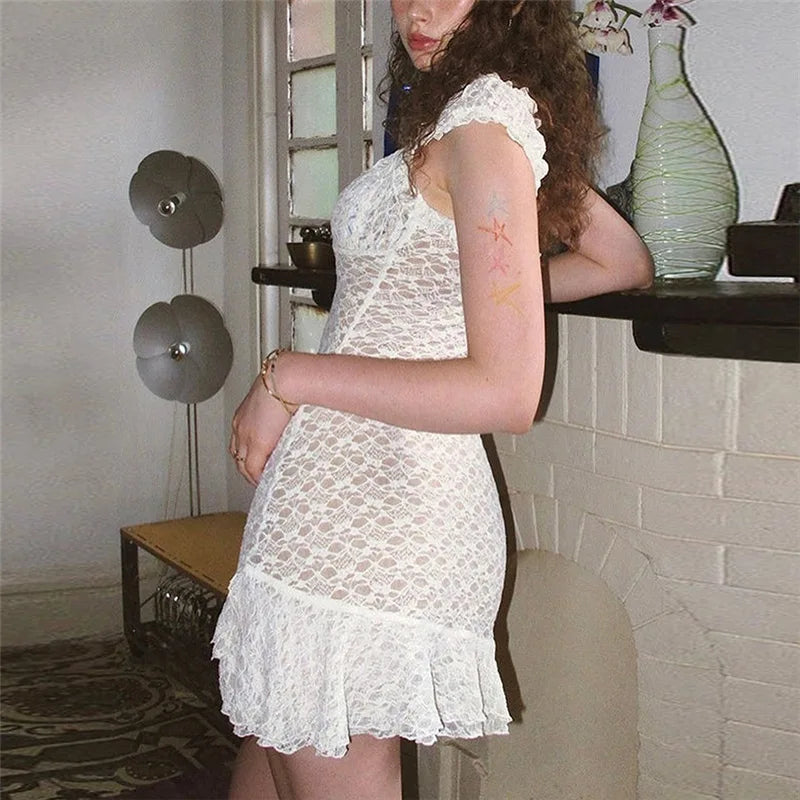 Aiertu  -  Sexy Lace Mini Dress For Women Fashion Splice High Waist Suspender Dress Bodycon Sleeveless Female Backless Party Dress Aiertu
