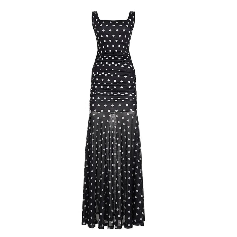 Aiertu  -  See Through Polka Dot Print Mesh Summer Dress French Style Elegant Square Neck Sleeveless Long Dresses P77-EG35 Aiertu