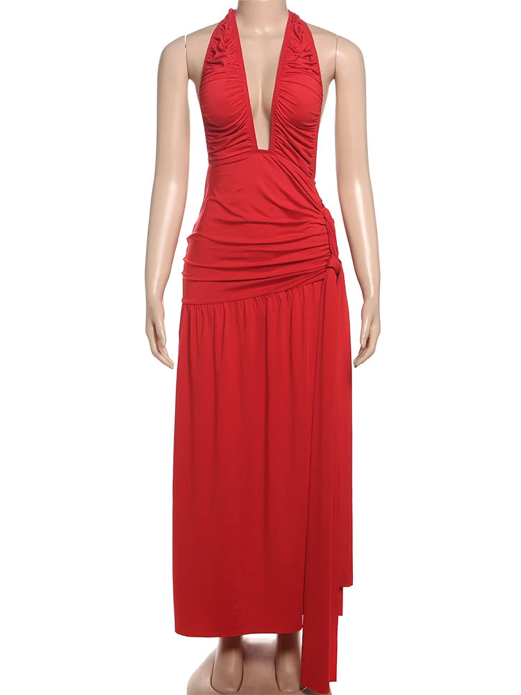 Aiertu  -  Low-Neck Women Dress Sexy Ruched Halter Cleavage Sleeveless Bandage Tassel Ruffles Trend Backless Coquette Long Bodycon Aiertu