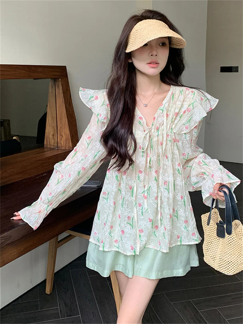 Aiertu  -  Autumn Chic Sweet Blouses Women Printed Full Sleeve New V-Neck Slim Loose Daily Elegant Office Lady Florals Aiertu