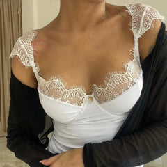 Aiertu  -  Sexy Elegant Camis Vest Stylish 2024 Eyelash Lace Trim Straps V Neck Sleeveless Open Back Slim Camisoles Daily Party Summer Aiertu
