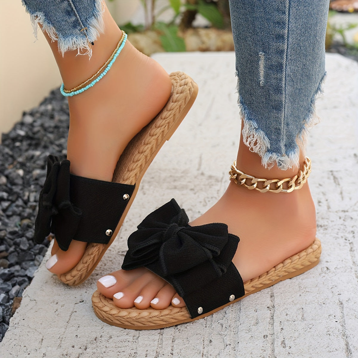 Aiertu [Off-the-Shoulder Summer Sandals] Re Na Qian Qing Women's Summer Slide Sandals - Chic Off-the-Shoulder, Bowknot Design - Fabric Upper, Flat Heel, Open Toe, PU Sole, Handwash/Dry Clean Aiertu
