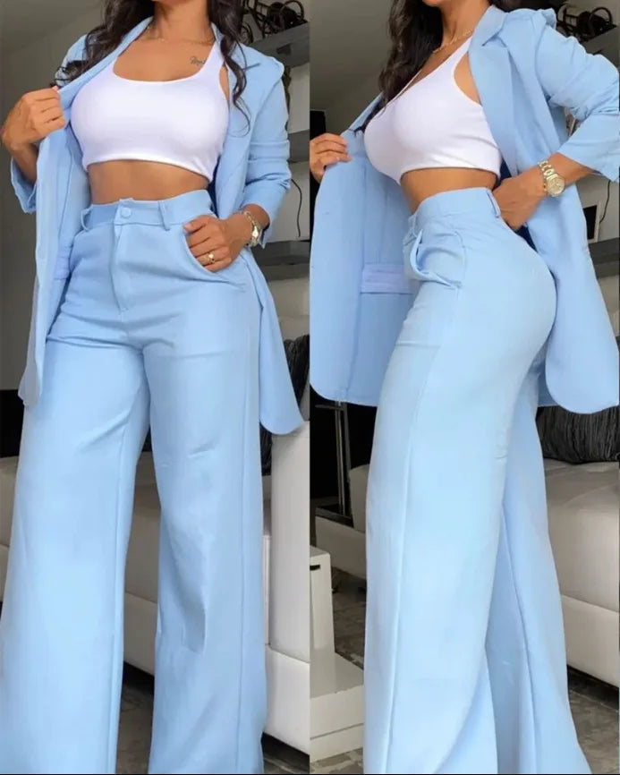 Aiertu 2025 Woman Elegant Sets Autumn Fashion Women's Notched Collar Coat & Pocket Design Pants Set Work Commuting Two Piece Suit Aiertu