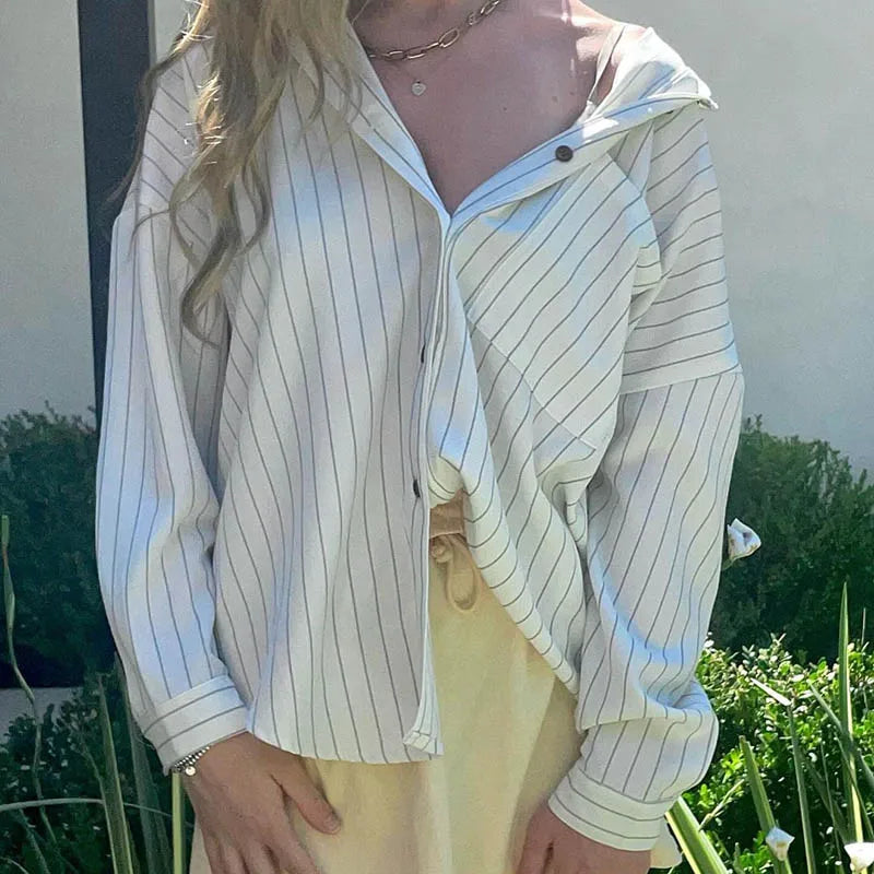 Aiertu  -  Fashion Chic Loose Stripe Women Shirt Top Buttons Long Sleeve Elegant Casual Autumn Blouse Streetwear Clothes Spring Aiertu