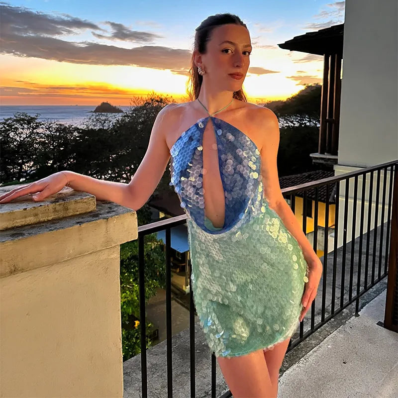Aiertu  Fashion Sequins Backless Patchwork Halter Mini Dress For Women Backless Sleeveless Party Dress Summer Street Glitter Vestidos Aiertu