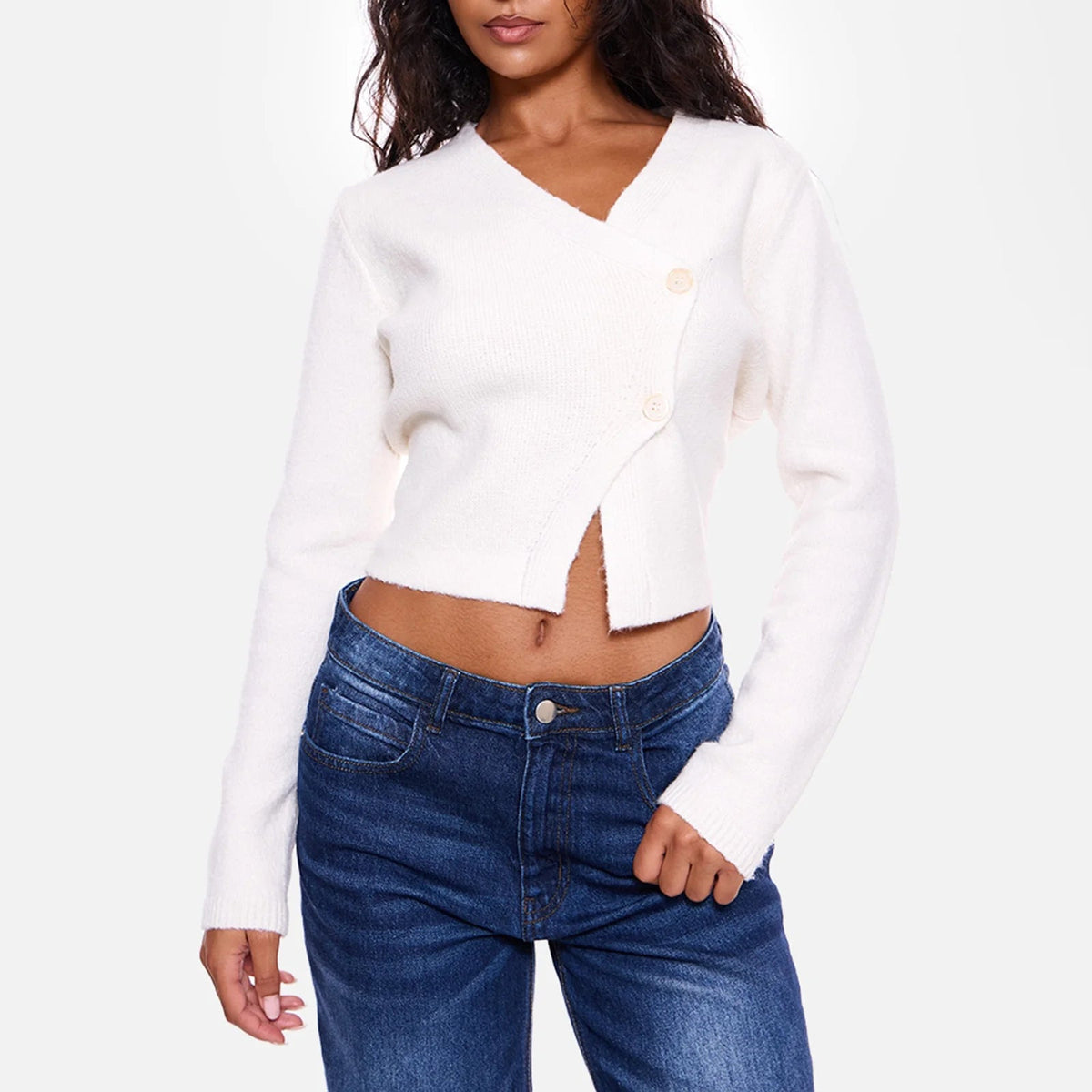 Aiertu  -  Women's Autumn Short Sweater Cardigan Solid Long Sleeve V Neck Oblique Button Up Knitwear Aesthetic Retro Streetwear Aiertu
