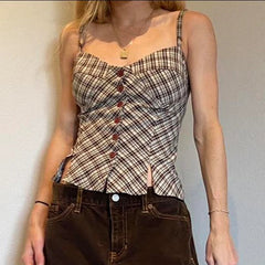 Aiertu  -  Y2K Women Plaid Vest Sweet Style Retro Buttons Slit Hem Camisole Aesthetic Chic Fashion Tank Top Summer Outfits 2025 Aiertu