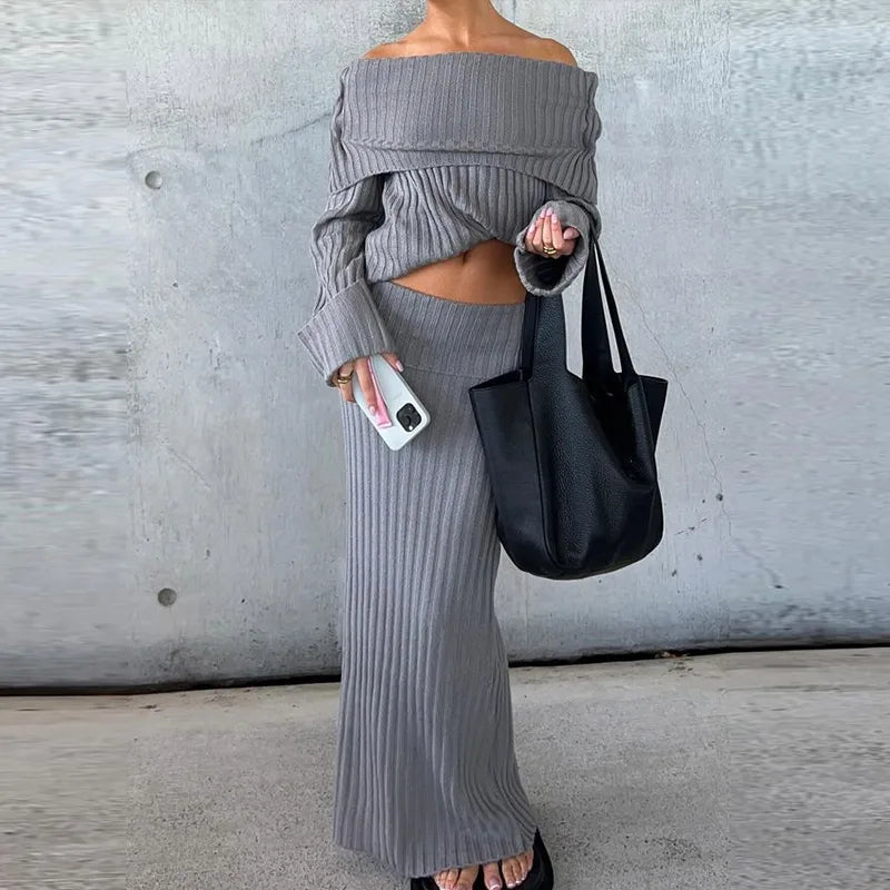 Aiertu  -  Women Off Shoulder Knitting Sweater Two Piece Set Sexy Top Slim Wrap Hip Midi Vest Dress Autumn Winter Skirts Suit Fashion 2026 Aiertu