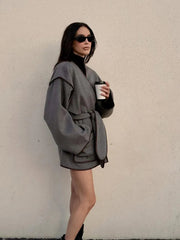 Aiertu  -  Fashion Gray Woollen Woollen Short Overcoat With Belt Casual V Neck Long Sleeves Pocket Cardigan Autumn Chic Lady Street Coat Aiertu
