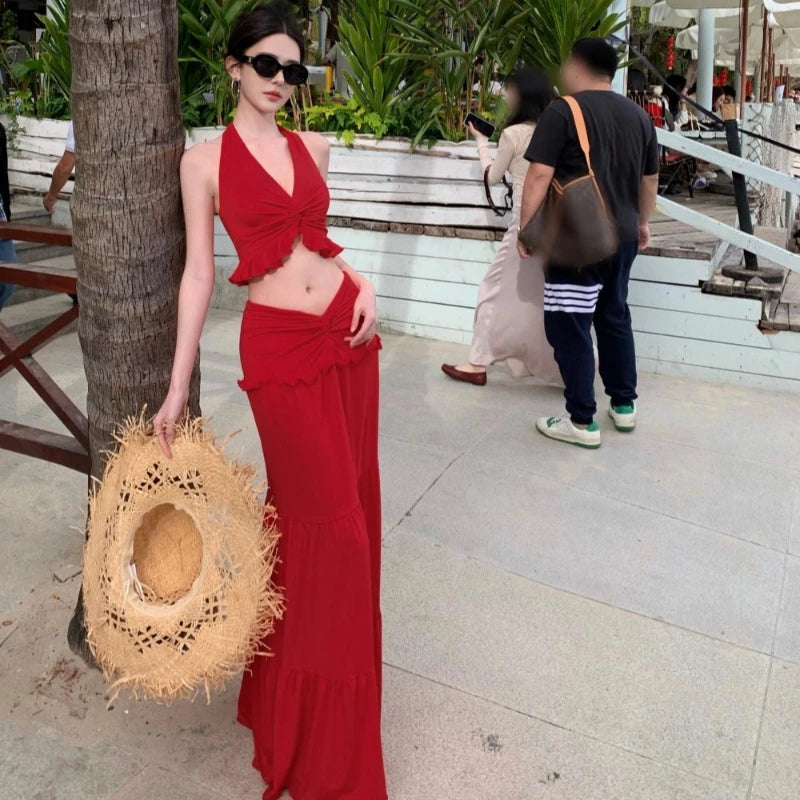 Aiertu  -  Sexy Pleated 2 Piece Suit Women Halter Backless Lace Up Tank Slim Hip Package Long Skirt Female Set Spring Summer Lady Sets Aiertu