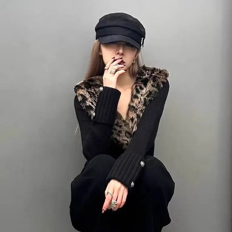 PICSGIRL  -  Street Hot Girl Style Leopard Print Sexy Knitted Cardigan Women's Autumn  American Vintage Y2K Sweater Harajuku Casual Tops Aiertu