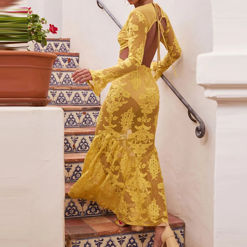 Aiertu  -  Elegant See-through Embroidery Party Dress Sexy V-neck Hollow Out Waist Slim Long Dress 2025 Fashion Hight Waist Evening Dress Aiertu