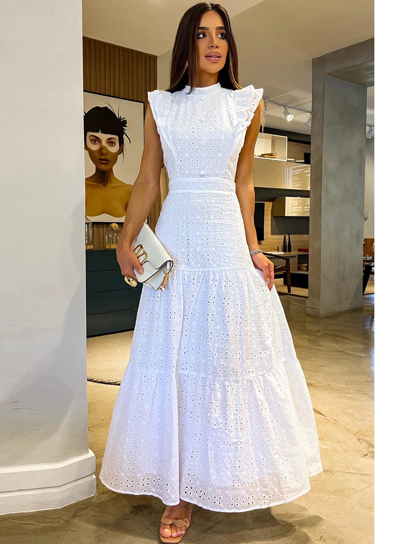 Aiertu  Bohemian Solid Hollow Out Elegant Women Dress O Neck Flying Sleeve Button Long Dress Summer Chic Casual Beach Women Clothing Aiertu
