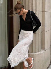 Aiertu  -  Patchwork Irregular Lace Women Skirt White High Waist Casual Y2k Solid Long Skirt Female Summer Slim Fashion Streetwear Aiertu