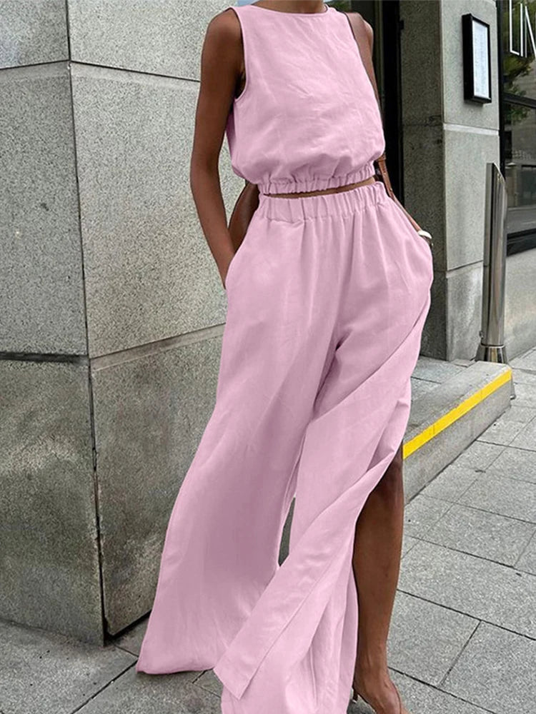 Aiertu  -  Elegant Solid Vest Pants Set Women O-neck Sleeveless Tops High Waist Side Split Trousers 2026 Summer Fashion Lady Office Outfit Aiertu