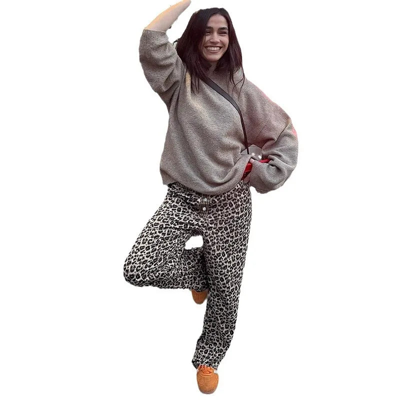 Aiertu  -  Wild Spice Girls Street Leopard Print Plaid Personality Loose Casual Pants Niche Loose Straight Skinny Low Waist Pants Aiertu