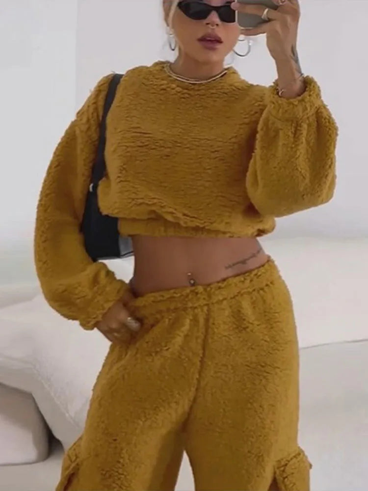 Aiertu      -  Solid Plush Long Sleeve Sweatshirt Trousers Two-Piece Set Female Casual Crop Top Matching Set Lady Autumn Winter Warm New Aiertu