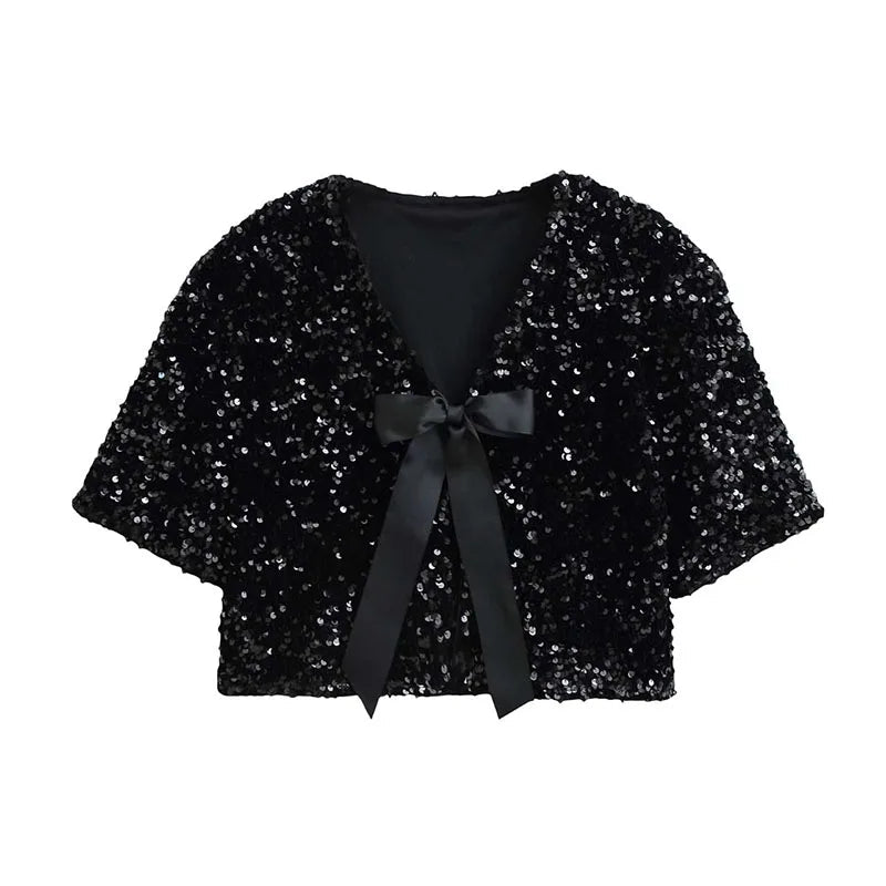 Aiertu  Elegant Sequin Women Cardigan Coat O Neck Hollow Out Bow Tied Shinny Short Top Female Long Sleeve Fashion Highstreet Outerwear Aiertu