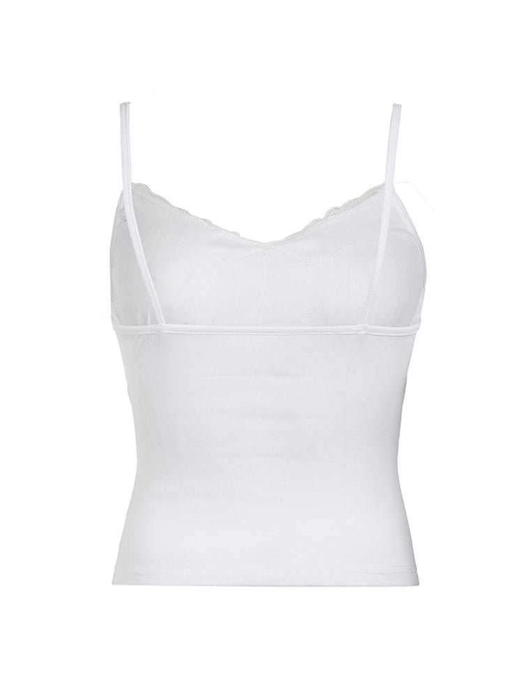 Aiertu - summer inspo Hot Black Solid Lace Patchwork Slim V Neck Basic Cute Camisole Women White Y2K Crop Top Aiertu