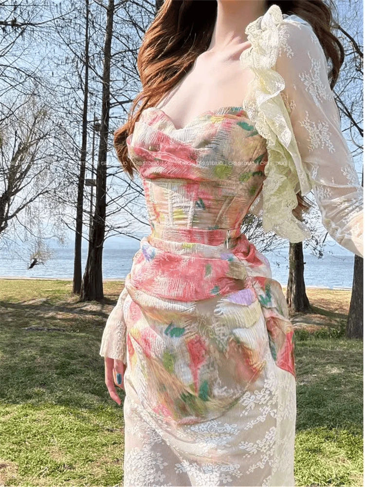 Aiertu  -  New French Style Sweet Style Set Summer Women's Royal Sister Romantic Lace Fishbone Corset  Half Skirt Trendy Suit Aiertu