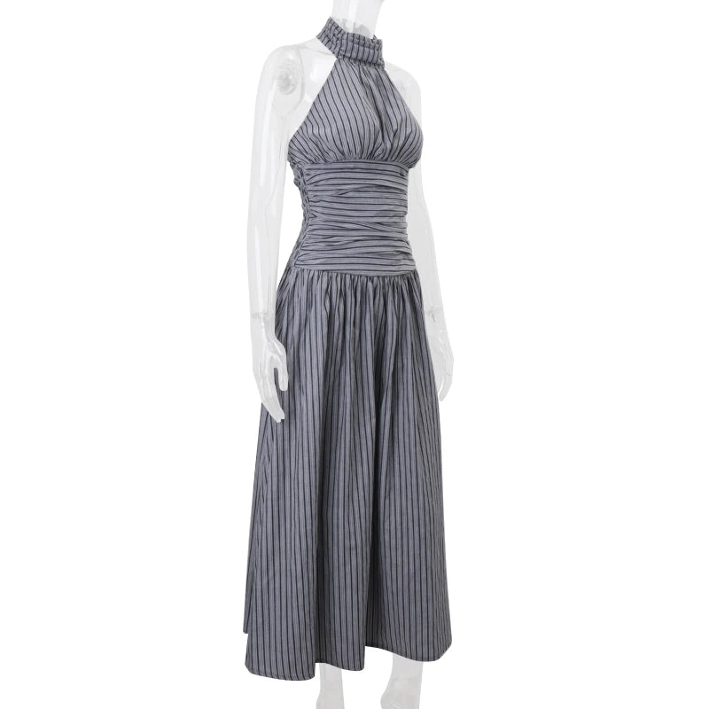 Aiertu  Stripe Halter Backless Pleated Fashion Elegant Casual Bodycon Midi Dress Spring Summer Fashion Party New Women Vestidos Aiertu