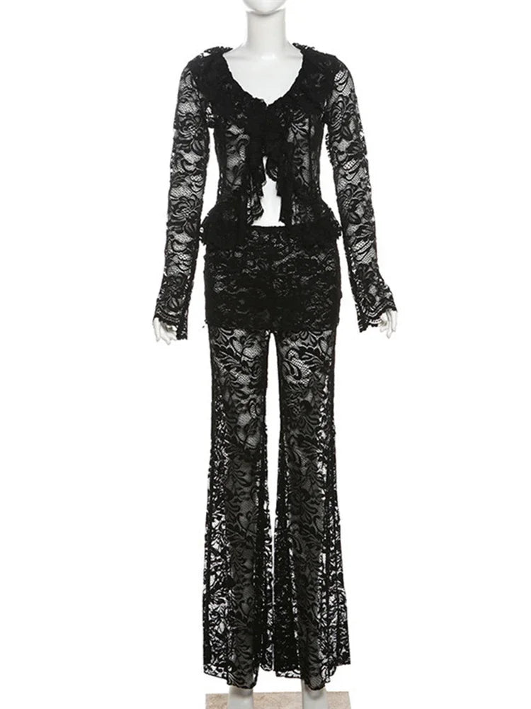 Aiertu  -  Women's Lace Long Pant Sets Sexy See Through Slim Cardigan Top High Waist Trousers Female Fashion Matching Sets Autumn Aiertu