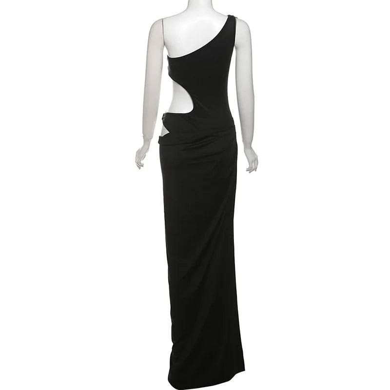 Aiertu  -  Metal Buckle Sexy Dress Women Off Shoulder Irregular Hollow Side Slit Long Dresses Femme Vacation Party Club Maxi Dress Aiertu