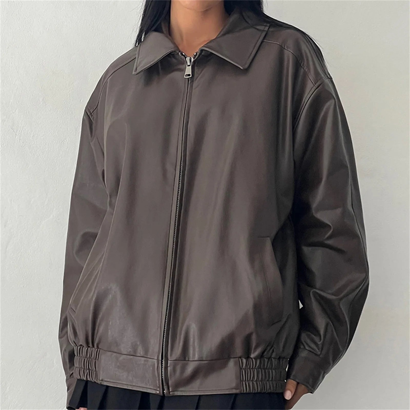 Aiertu  -  Womens Oversized Zip Up Leather Jackets Faux Motorcycle Bomber Coats Fall Fashion Outfits Winter Clothes Aiertu