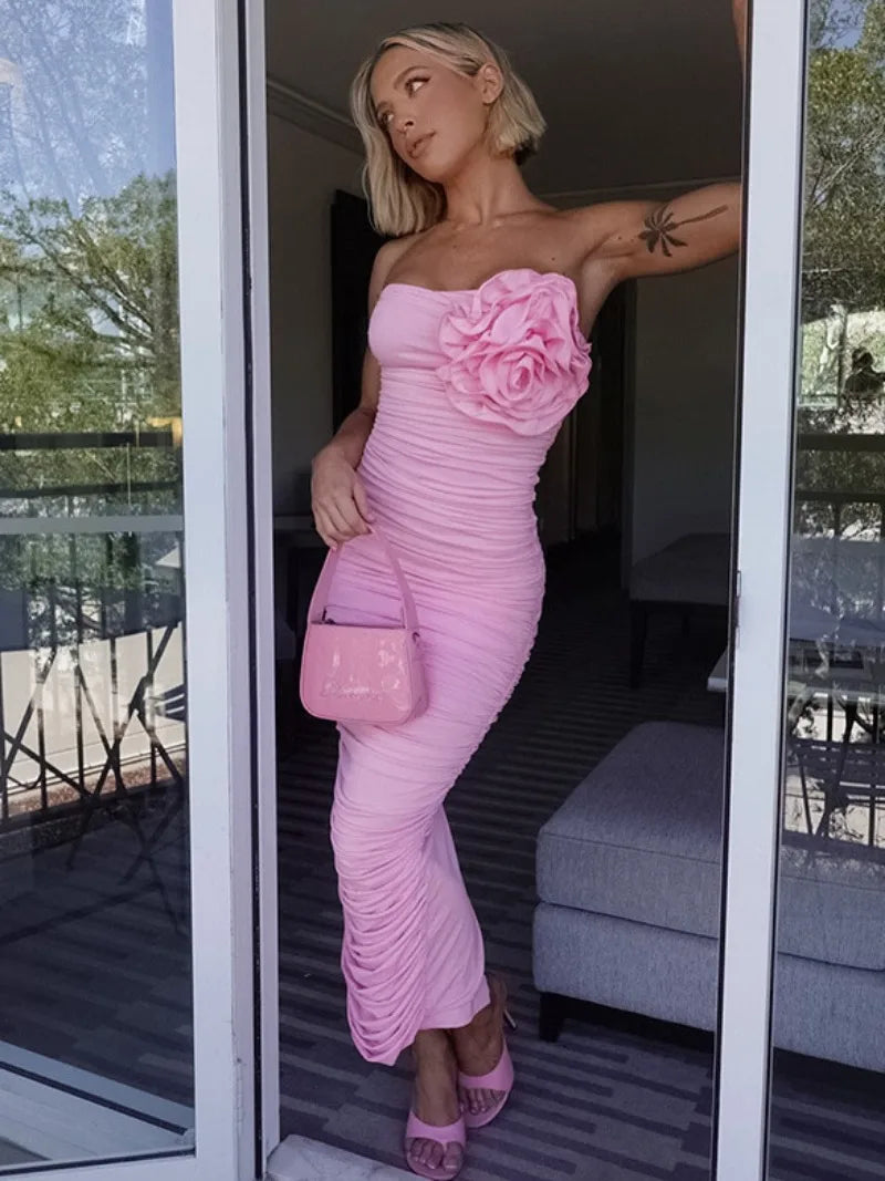 Aiertu  -  Elegant Womens Flower Flower Decoration Pink Dress 2026 Sexy Strapless High Waist Tunics Shirring Slit Mid-calf Evening Dresses Aiertu