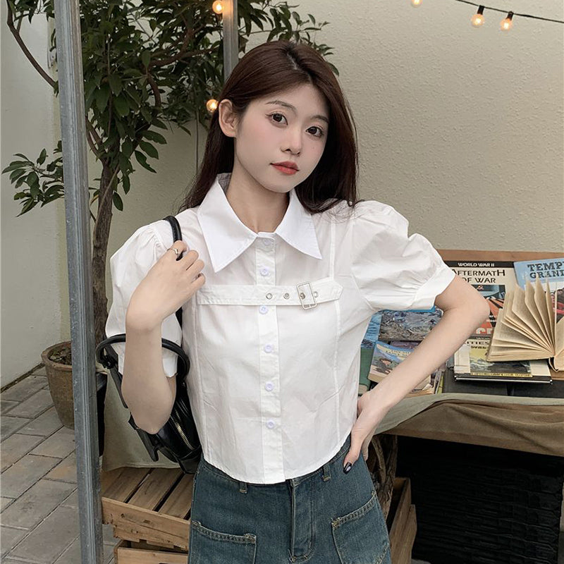 Aiertu Y2K Puff Short Sleeve Blouse Women Asymmetrical Belt Chic Slim Shirts Student Summer Korean Irregular White Crop Tops New Aiertu