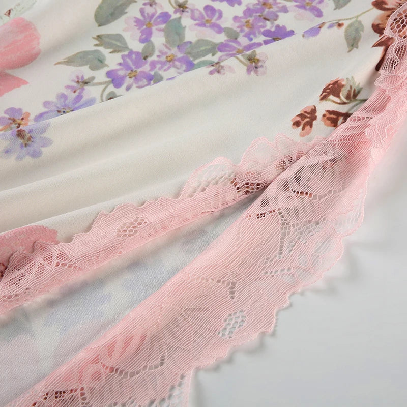 Aiertu  Flower Print Lace Trim Cut Out Camisole Dresses Sleeveless Spliced Skinny Side Split Sexy Elegant Frocks Aiertu