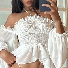 Aiertu  Off Shoulder Ruffles Sexy Lantern Long Sleeve Halter Backless Fashion All-match Crop Tops Y2K Summer Streetwear Blouses Aiertu