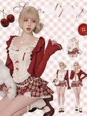 Aiertu  -  Japanese Kawaii 3 Piece Skirt Suit Women Lolita Cardigan Outwear Bodycon Vest Blouse + Slim Y2k Skirt Evening Party Vintage Sets Aiertu