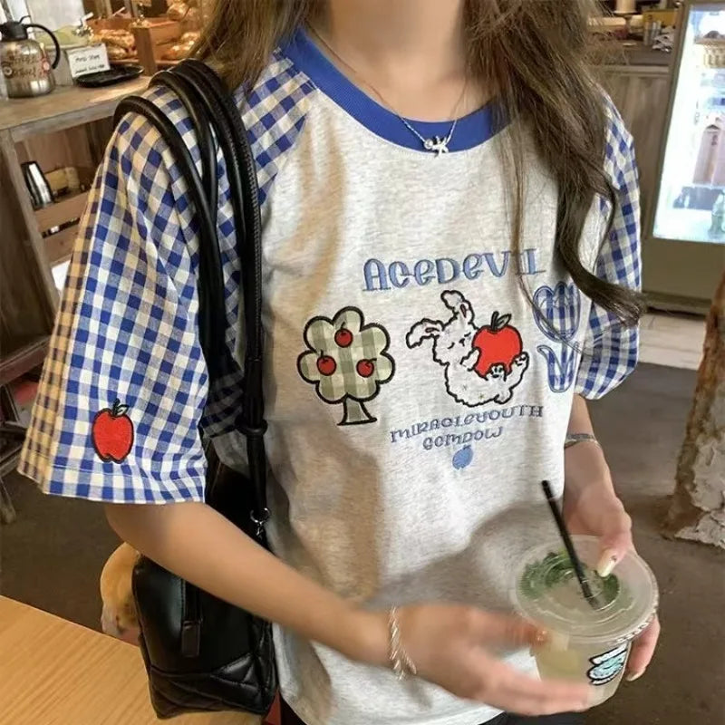 Aiertu  American Applied Embroidered Short-sleeved T-shirt Women's Summer Hot Girl O-neck Loose Casual T-shirt Fashion Female Clothes Aiertu