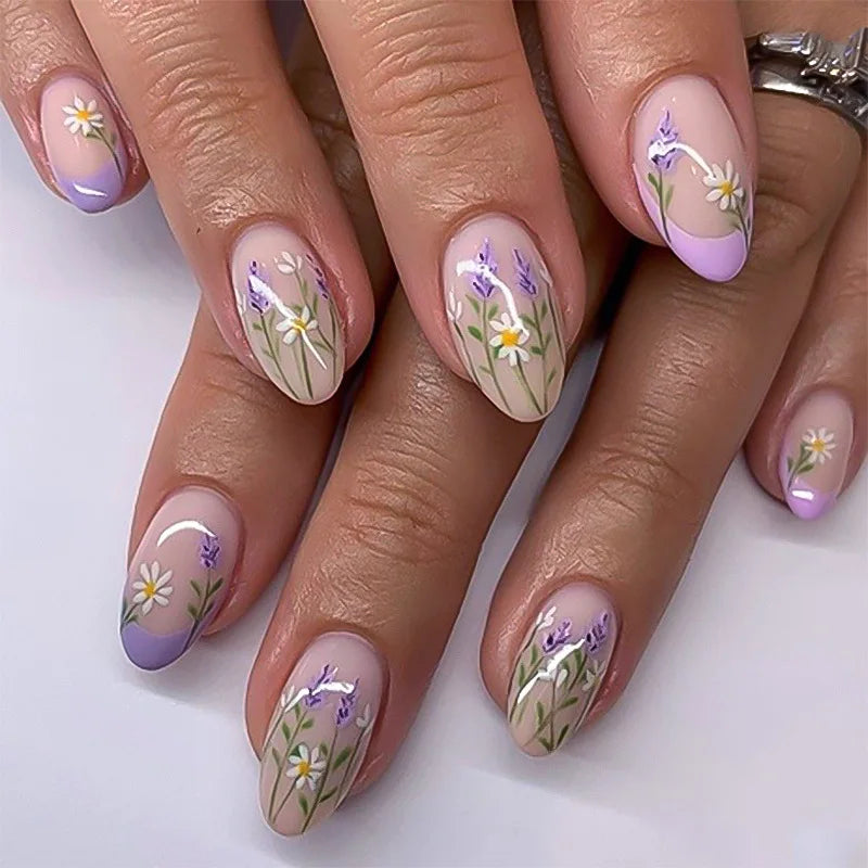 Aiertu  -  24PCS Sweet Dopamine Flowers French False Nails Artificial Wearable Almond Press on Nail with Blue Stripes Design Fake Nail Tips Aiertu