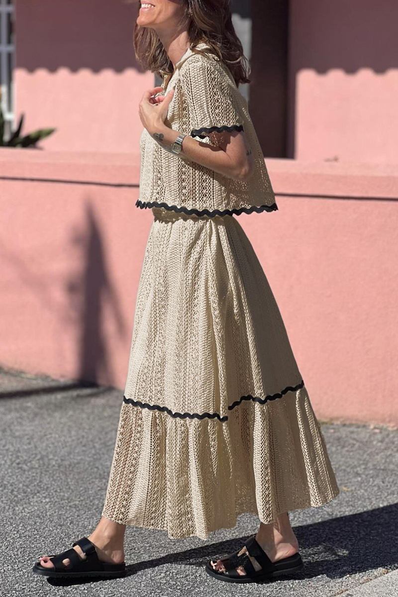 Aiertu  -  Daily Elegant Solid Color Hollow Out Patchwork Contrast Turndown Collar Short Sleeve Two Pieces(3 Colors) Aiertu