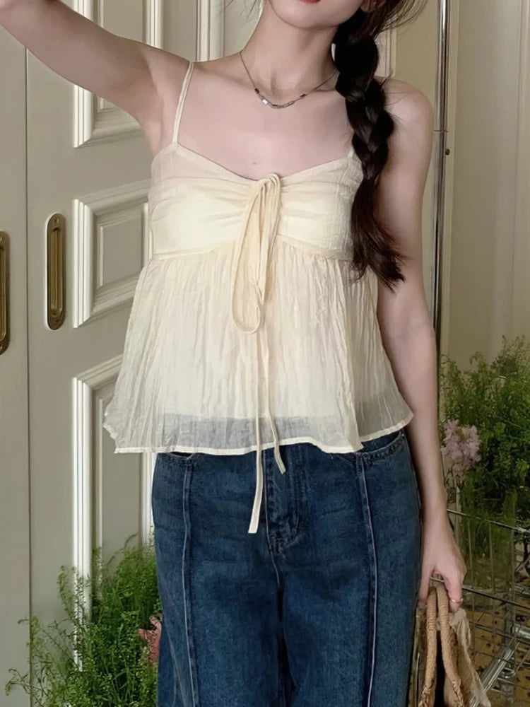 Aiertu  -  Women's Bow Tie Chiffon Suspender Vest Summer New Korean Version Sweet Loose Fitting Women Fashionable Off Shoulder Short Top Aiertu