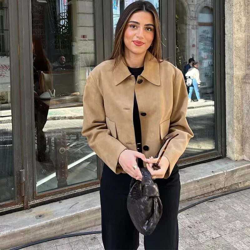 Aiertu  -  Vintage Faux Suede Lapel Jackets Women Loose Single Breasted  Pockets Long Sleeve Coats 2026 Autumn New Lady Chic Tops Outwear Aiertu