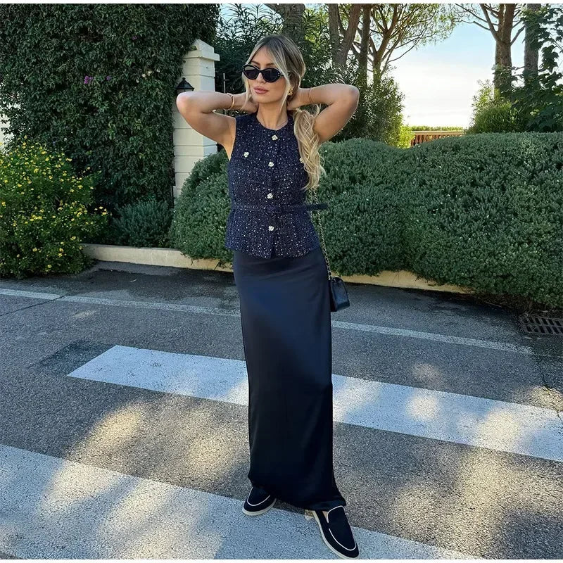 Aiertu  -  Elegant Solid Tweed Sequin Women Vests Sleeveless O-Neck Female Tank Fashion Slim Autumn Single Breasted Lady Waistcoat Aiertu