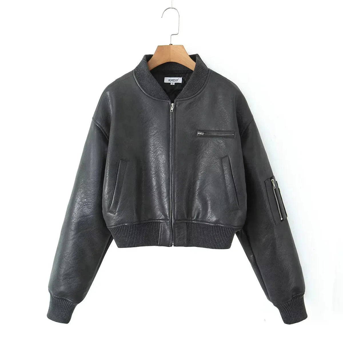Aiertu  -  Lapel Cotton Leather Jacket Woman Short Retro Zipper Cardigan PU Jacket Solid 2025 Spring New female High Street Outwaer Aiertu