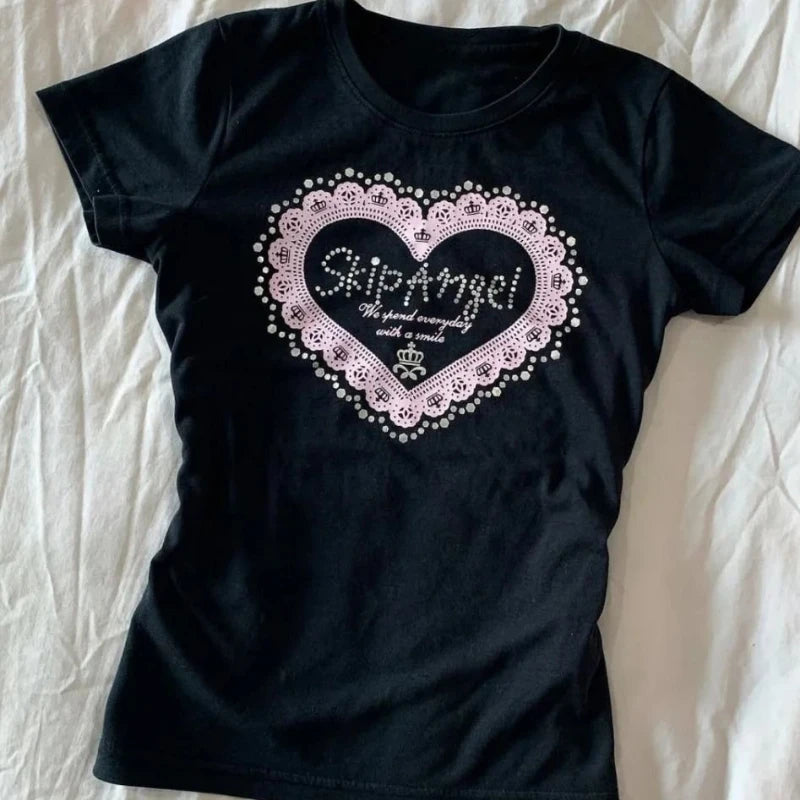 Aiertu  -  Y2k Aesthetic Love Letter Printing Tops 2025 Summer Women Streetwear Black T-shirts Harajuku Casual Slim Fit Grunge Fairy Tees Aiertu