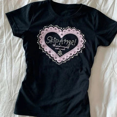 Aiertu  -  Y2k Aesthetic Love Letter Printing Tops 2025 Summer Women Streetwear Black T-shirts Harajuku Casual Slim Fit Grunge Fairy Tees Aiertu