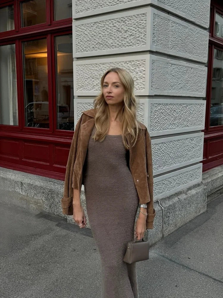 Aiertu     -  Fall Outfits 2026 Elegant Brown Short Suede Jacket With Belt Women Lapel Long Sleeve Cropped Coat Fashion Female Autumn Office Street Outerwears Aiertu