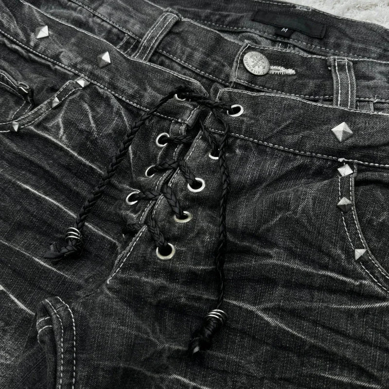Aiertu  -  Streetwear Washed Jeans for Mens and Womens Goth Harajuku Retro Double Waist Lace Up Jeans Hip Hop Punk Ripped Wide Leg Trousers Aiertu