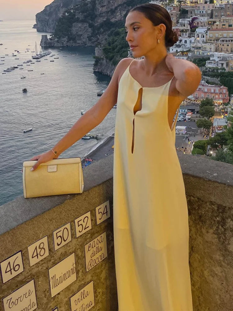 Aiertu  -  Ladies Feminine Buff Dress Loose Backless Round Neck Spaghetti Strap Drop Waist Long Robe Vacation Formal Ceremony Party Gown Aiertu